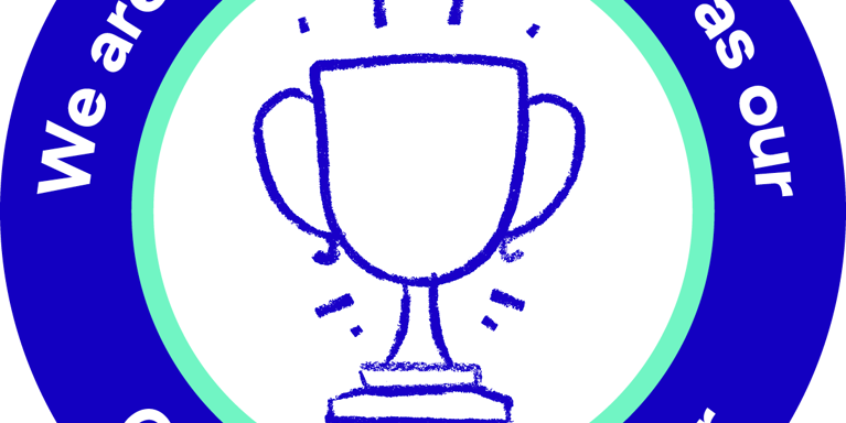 Bue circle with white text 'We are supporting Mind as our Charity of the Year' and illustration of trophy.