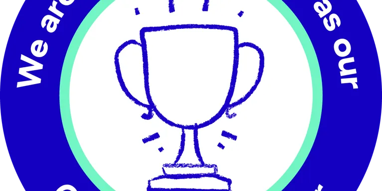 Bue circle with white text 'We are supporting Mind as our Charity of the Year' and illustration of trophy. Bue circle with white text 'We are supporting Mind as our Charity of the Year' and illustration of trophy.