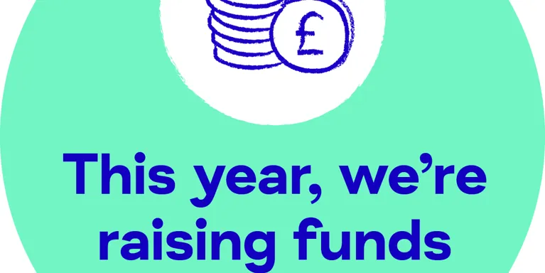 Bright green circle with blue text 'this year we're raising funds for Mind'' with illustration of coins Bright green circle with blue text 'this year we're raising funds for Mind'' with illustration of coins