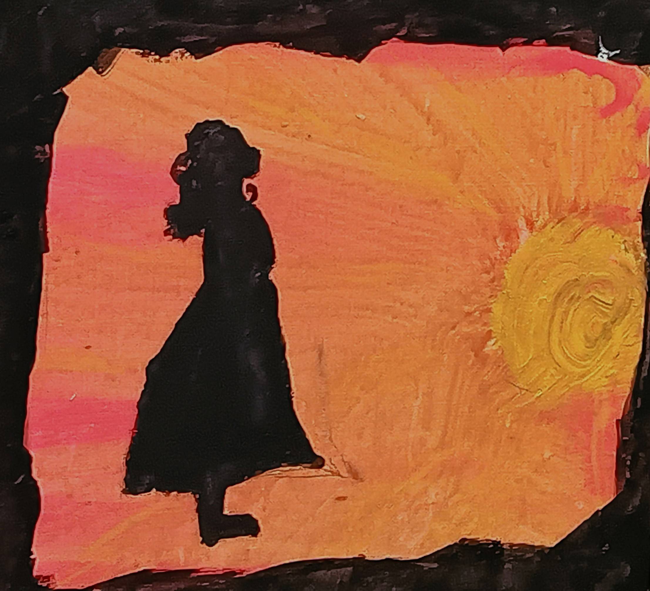 A painting of a young girl's silhouette, in front of an orange background