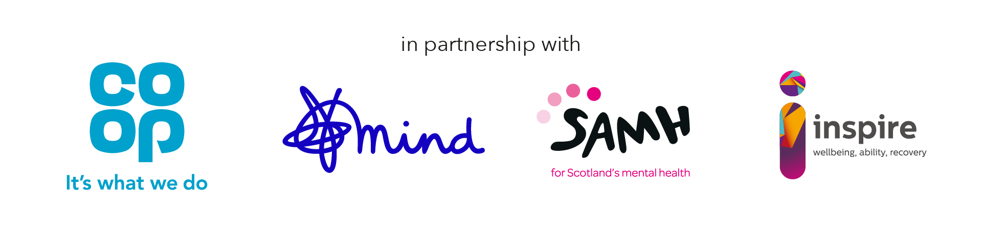 The words 'In partnership' above the logos for Co-op, Mind, SAMH and Inspire.