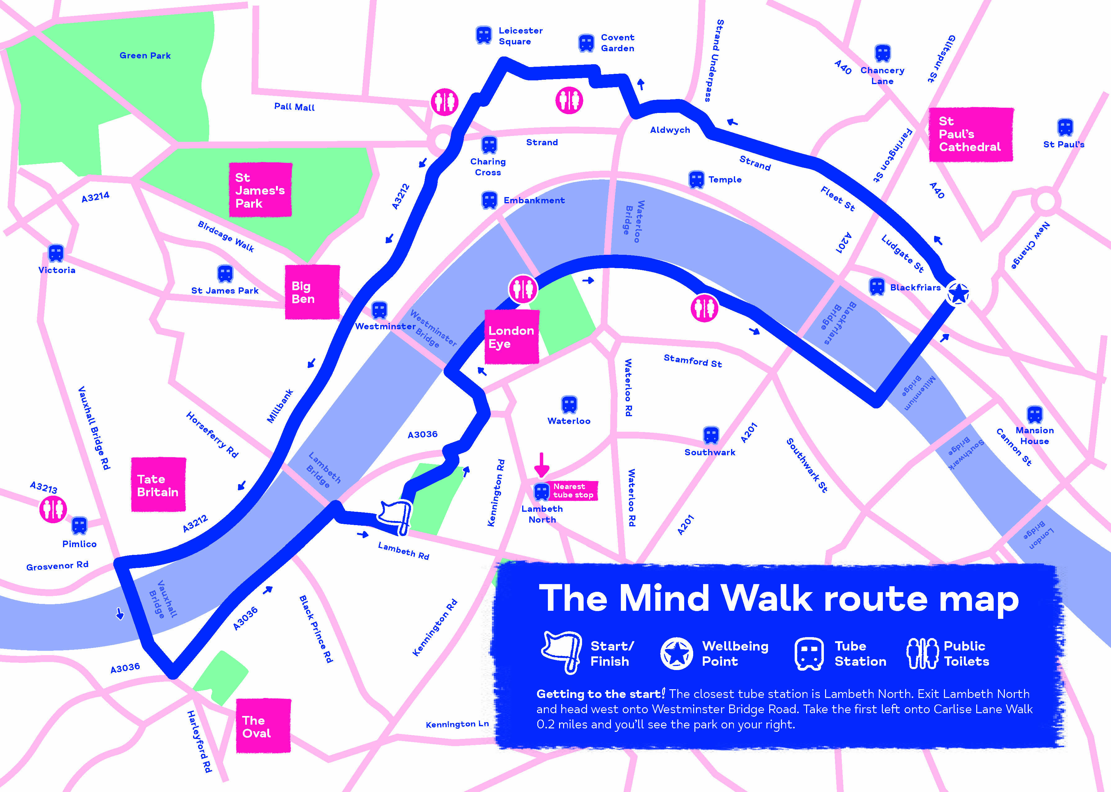A map of London showing the Mind Walk route. The closest tube station to the start of the walk is Lambeth North.