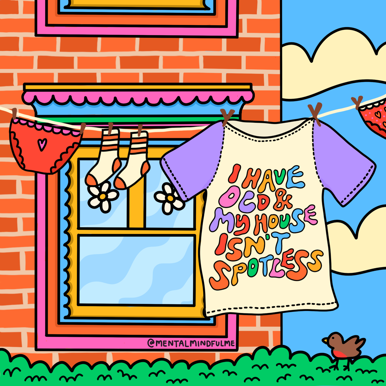 Illustration of a t-shirt hanging on a washing line outside a window with the slogan: 'I have OCD and my house isn't spotless'