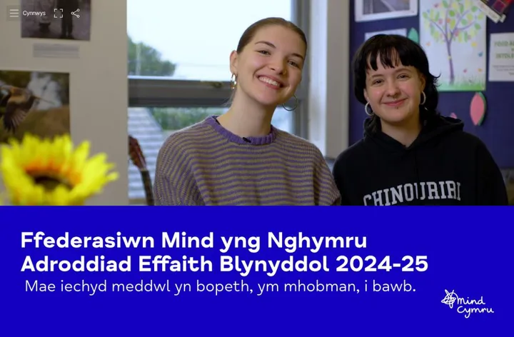 Clawr adroddiad effaith ffederasiwn Mind yng Nghymru gyda llun o ddau berson ifanc