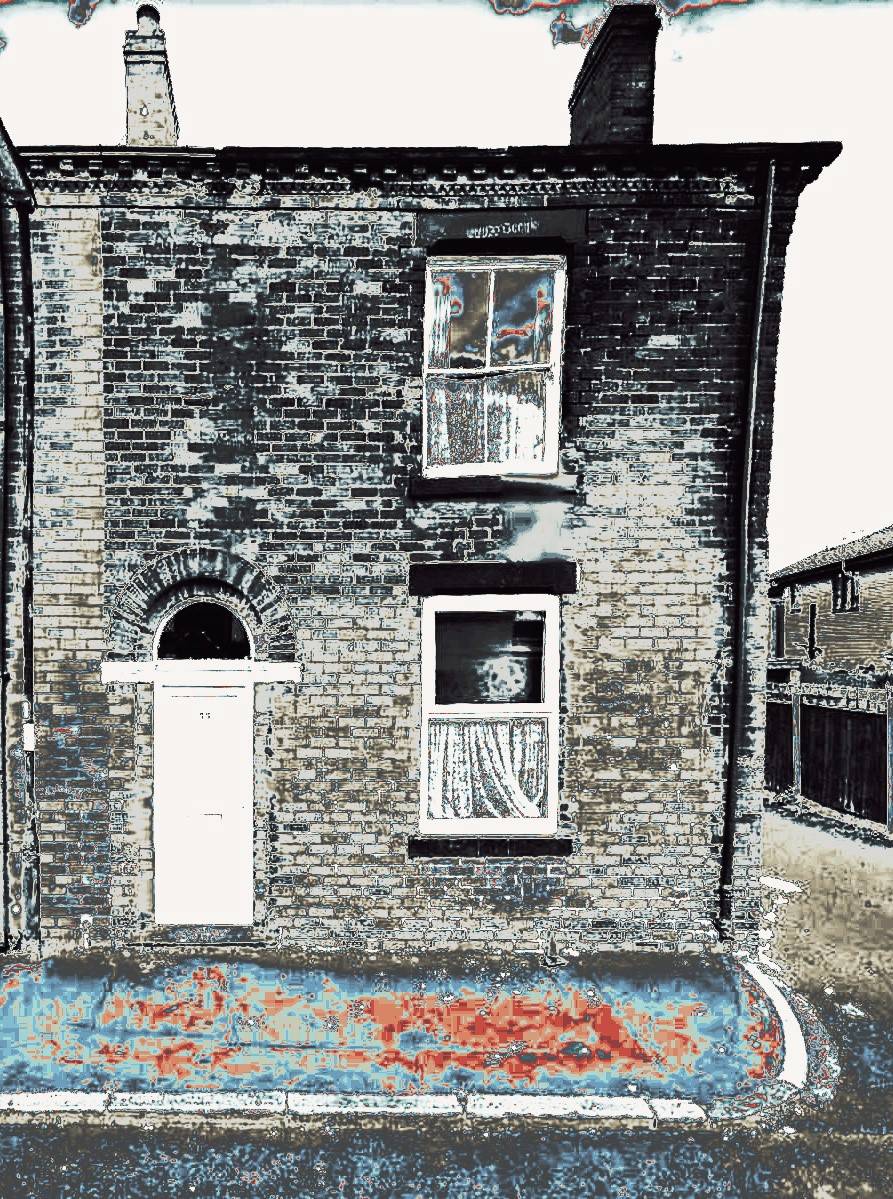 An artwork of a brick house, at the end of a terraced street.