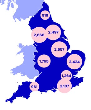 Map of England with breakdown of number of incidents reported by region displayed in circle labels.