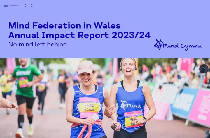 Mind Cymru impact report cover featuring two female runners in blue Mind vests at a running event 
