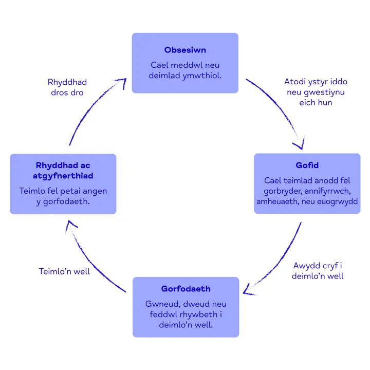 OCD shown as a cycle where obsession leads to distress, then compulsion, relief and reinforcement but cycle starts again 