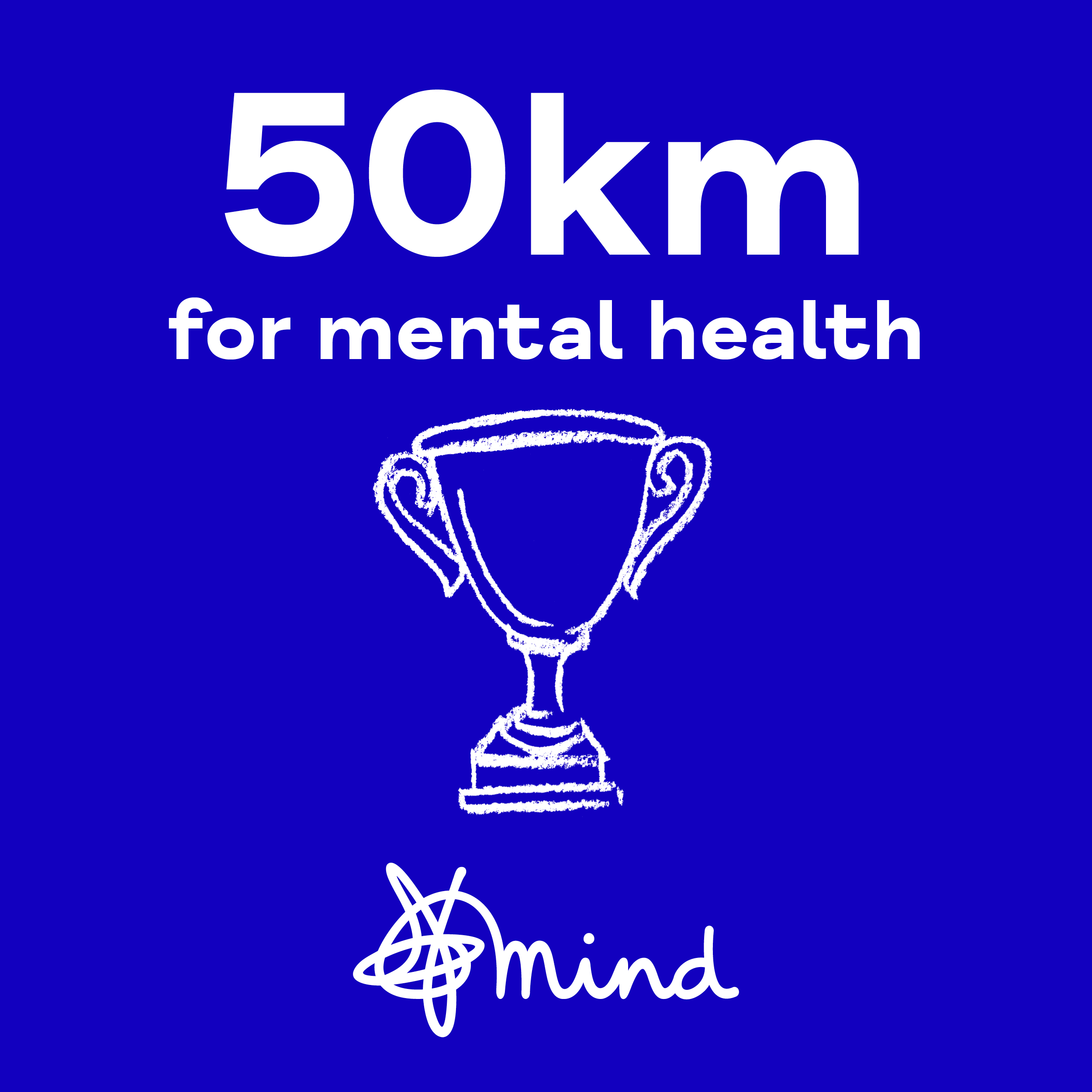 The words '50km for mental health' with an illustration of a pair of trainers and the Mind logo