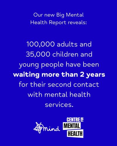 Our new Big Mental Health Report reveals 100,000 adults and 35,000 children and young people have been waiting more than 2 years for their second contact with mental health services.