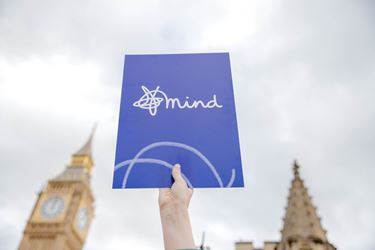 Hands holding up a Mind sign or petition outside Parliament